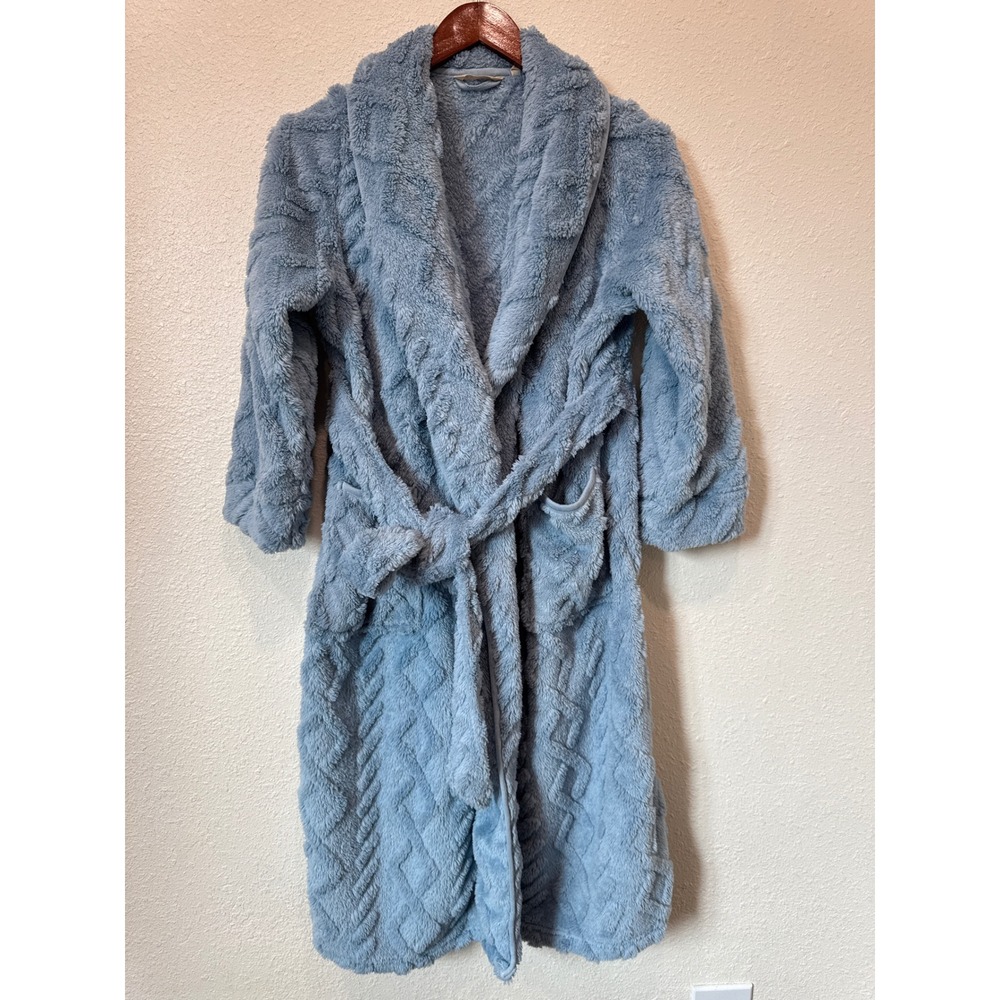 Soft Surroundings Blue Plush Faux Fur Robe Petite XS Diamond Embossed 2HC96